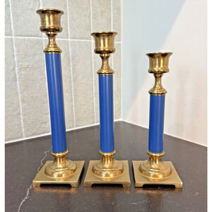 Vintage Set of 3 ROSENTHAL NETTER Brass Candlestick Holders Blue Heavy **READ**